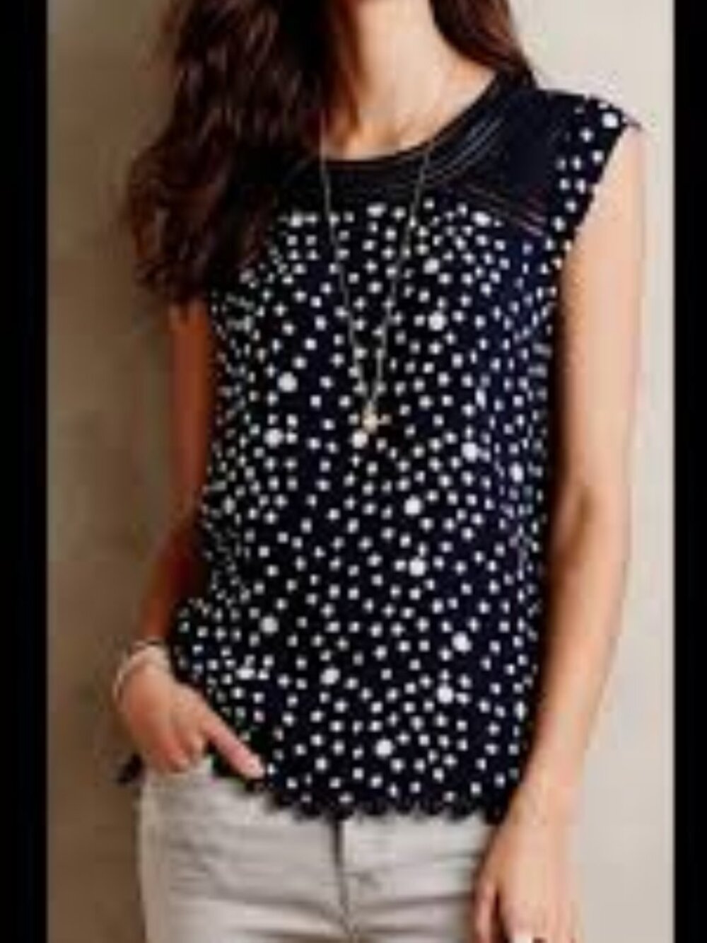 Meadow Rue Anthropologie Polka Dot Lace Sleeveless Top Women's Large Navy Blue